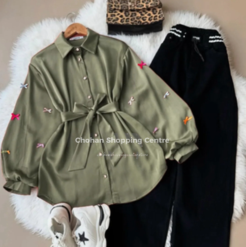 Trendy Bow Sleeve Button Down Long Top with Waist Belt β Stylish Casual Wear for Women