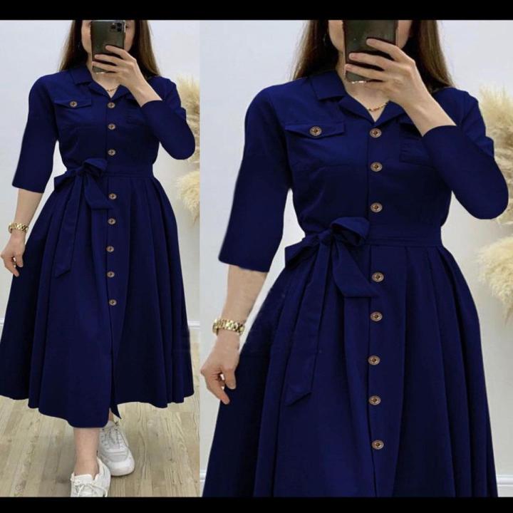 Stylish Long Frock Style / Linen Dress with Pockets For Women 2 Pc