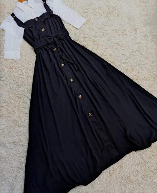 Elegant Button-Down Maxi Dress with White Shirt Layered Look