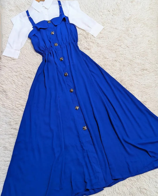 Elegant Button-Down Maxi Dress with White Shirt Layered Look