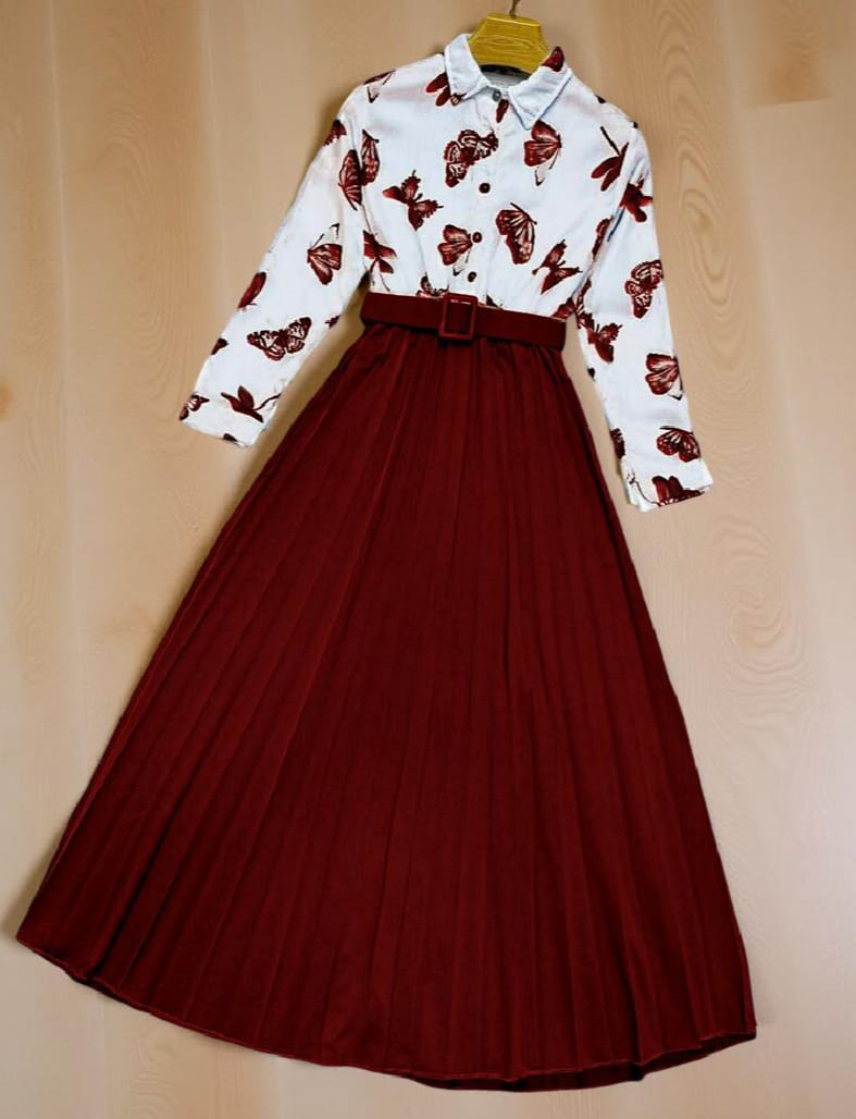 Trendy Stitched Butterfly Print Top & Skirt with Belt – Stylish 2-Piece Dress for Girls