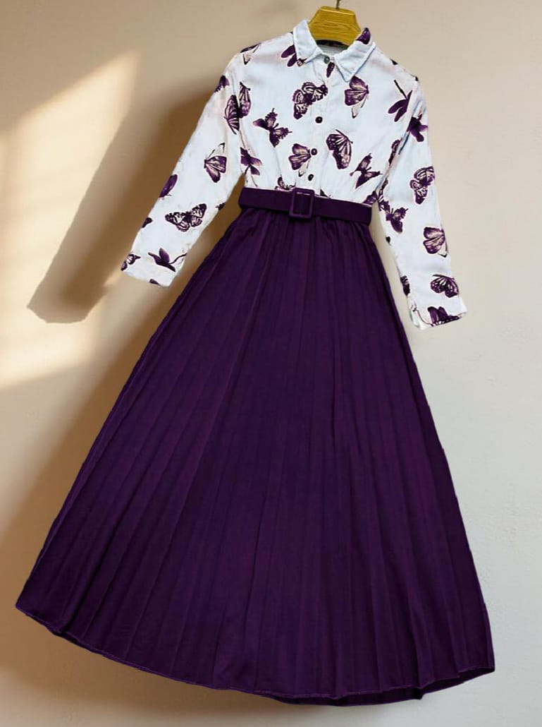 Trendy Stitched Butterfly Print Top & Skirt with Belt – Stylish 2-Piece Dress for Girls