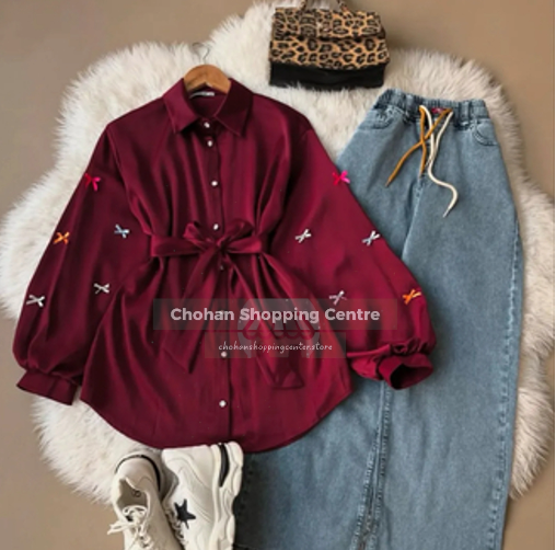 Trendy Bow Sleeve Button Down Long Top with Waist Belt – Stylish Casual Wear for Women