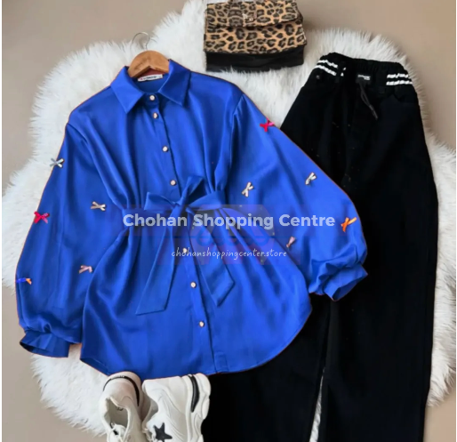 Trendy Bow Sleeve Button Down Long Top with Waist Belt – Stylish Casual Wear for Women