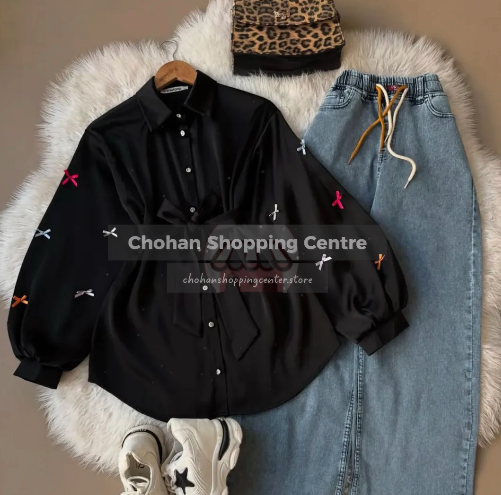 Trendy Bow Sleeve Button Down Long Top with Waist Belt – Stylish Casual Wear for Women