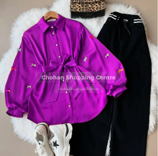 Trendy Bow Sleeve Button Down Long Top with Waist Belt – Stylish Casual Wear for Women