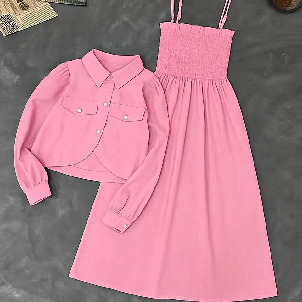 Firangi Kaaj Button Coati with Gazzer Romper Frock -Stitched 2 Piece Dress for Girls & Women