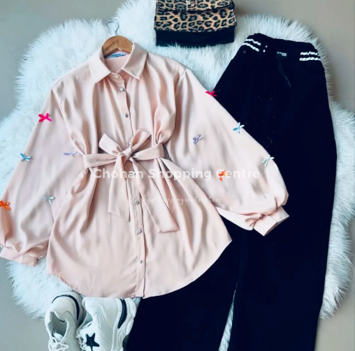 Trendy Bow Sleeve Button Down Long Top with Waist Belt – Stylish Casual Wear for Women