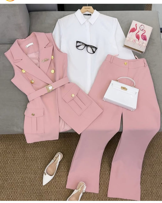 Elegant Women’s Two Piece Outfit Set – Stylish Vest, Trousers & Shirt for Office & Casual Wear