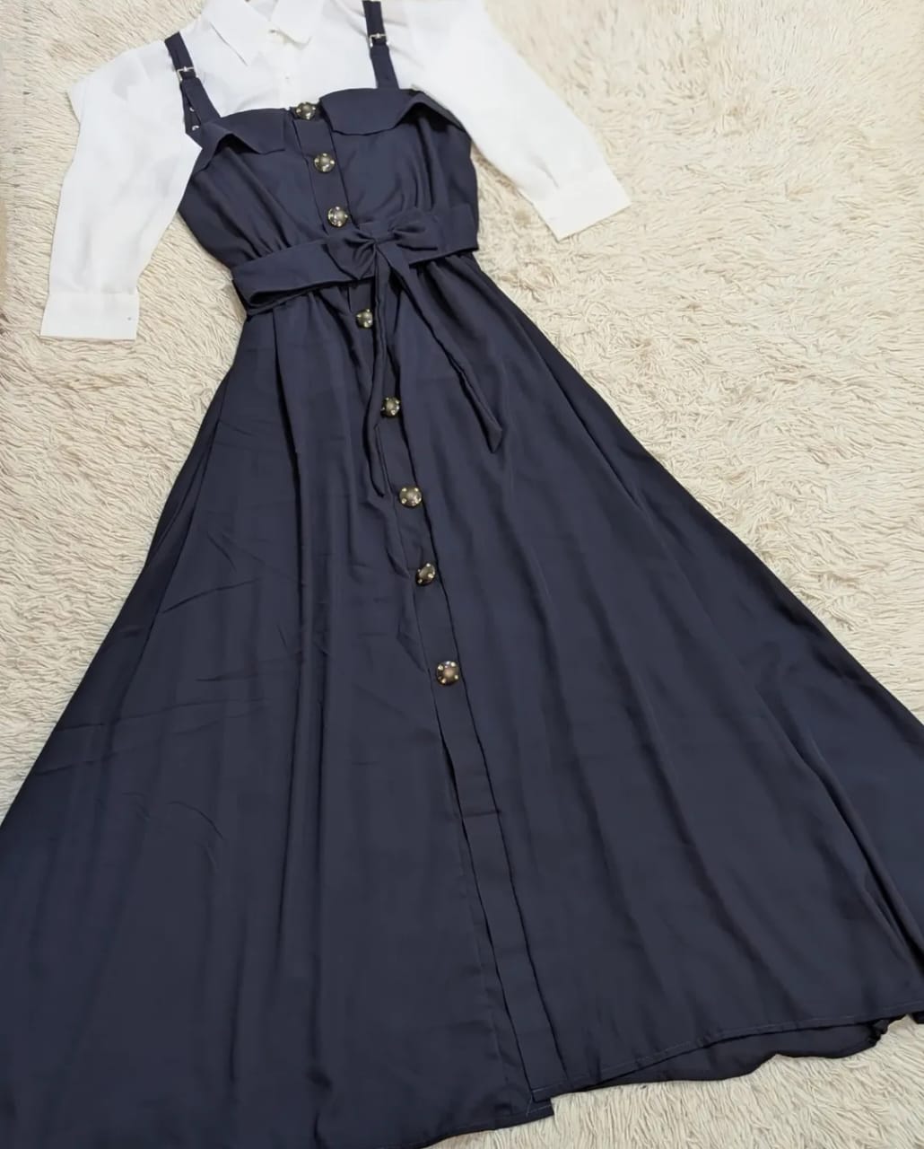 Elegant Button-Down Maxi Dress with White Shirt Layered Look