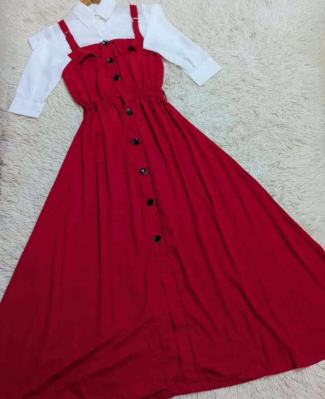 Elegant Button-Down Maxi Dress with White Shirt Layered Look