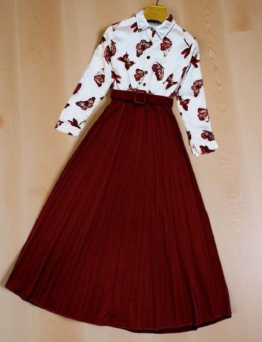 Trendy Stitched Butterfly Print Top & Skirt with Belt – Stylish 2-Piece Dress for Girls
