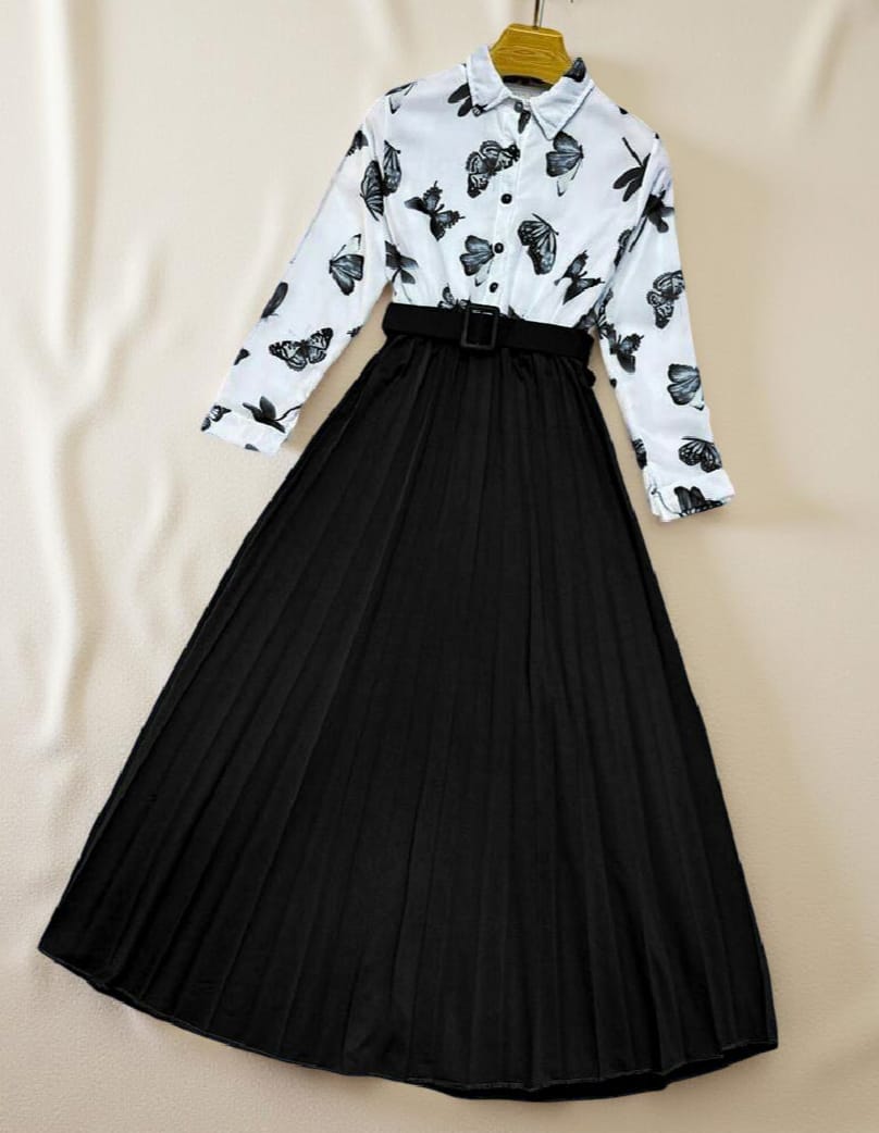 Trendy Stitched Butterfly Print Top & Skirt with Belt – Stylish 2-Piece Dress for Girls