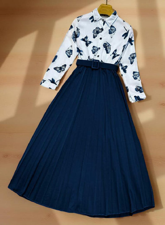 Trendy Stitched Butterfly Print Top & Skirt with Belt – Stylish 2-Piece Dress for Girls