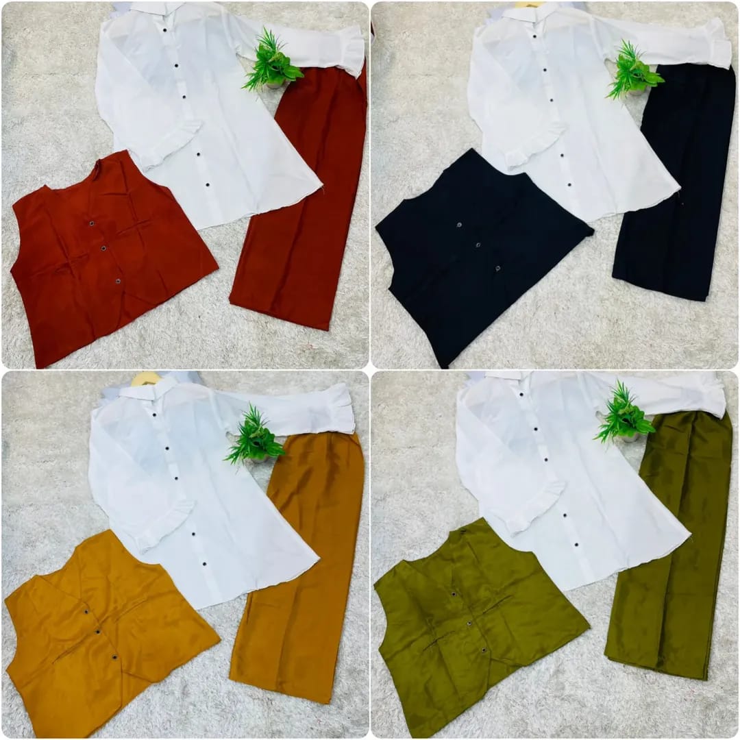 Girls 2 Piece Stylish Cotton Outfit – Button Down Shirt with Sleeveless Jacket & Trouser | Chohan Shopping Centre