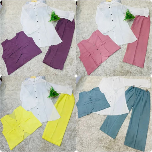 Girls 2 Piece Stylish Cotton Outfit – Button Down Shirt with Sleeveless Jacket & Trouser | Chohan Shopping Centre