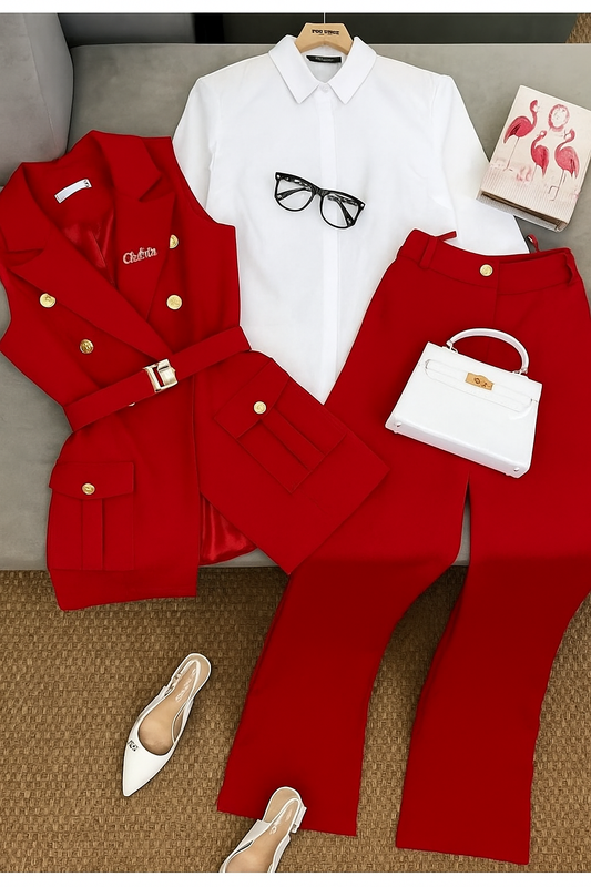Elegant Women’s Two Piece Outfit Set – Stylish Vest, Trousers & Shirt for Office & Casual Wear